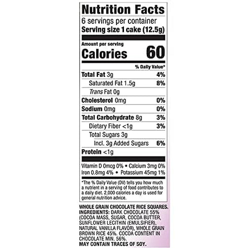 Just Grown 2.6 oz, Pack 3 Chocolate Covered Rice Cakes Squares, Whole Grain, Dairy Free, Gluten Free, Kosher, Low