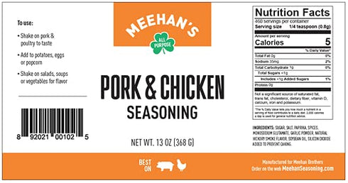 Meehan's Seasoning 13 oz Meehans Pork & Chicken Seasoning Versatile Meat Seasoning for Grilling & Cooking, Shaker