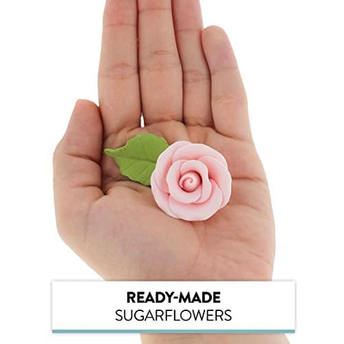 12 Count Global Sugar Art Premium Wedding Rose Edible Sugar Cake & Cupcake Flowers, Pink, with Leaves by Chef Alan