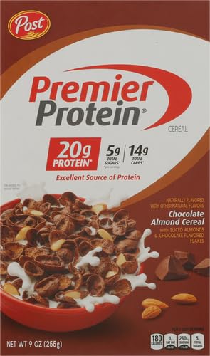 20g 9 OZ (Pack 2) Premier Protein Chocolate Almond Cereal, Chocolatey Protein Cereal Flakes with Sliced Almonds