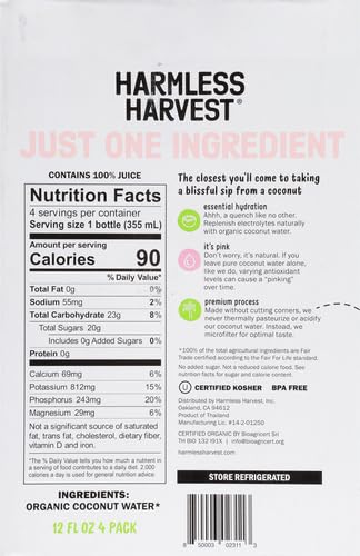 Harmless 12 Oz (Pack 4) Harvest Organic Coconut Water, Original, Fl