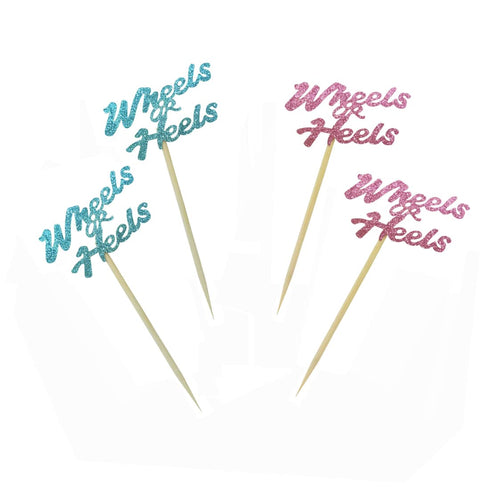 Morndew 24 PCS Wheels or Heels Cupcake Toppers for Gender Reveal, Baby Shower, Birthday Party Decorations