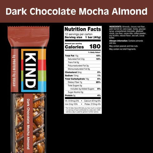 5g 12 Count KIND Healthy Snacks Bars, Dark Chocolate Mocha Almond, Gluten Free, Low Sugar, High Fiber Snacks, Protein