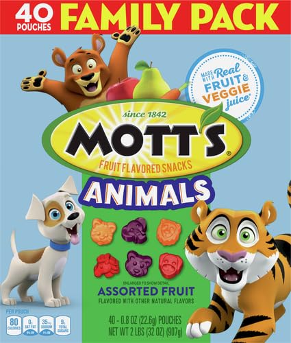 Pack, 40 32 oz (Pack 4) Mott's Animals Assorted Fruit Flavored Snacks, Valentine's Day, Gluten Free, Family Ct