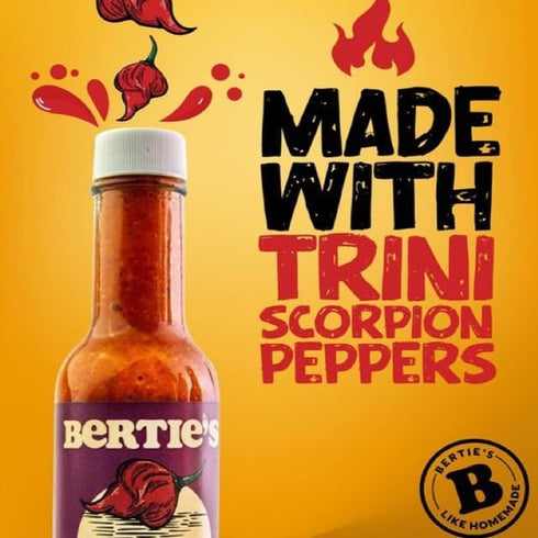 Bertie's Trinidad Scorpion Pepper Sauce, 10 Oz/300ml, Strong Flavor and Insane Heat