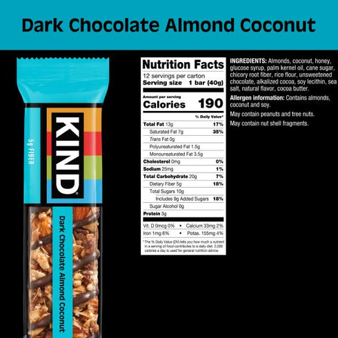 3g 24 Count KIND Healthy Snacks Bars, Dark Chocolate Almond Coconut, Gluten Free, High Fiber Snacks, Protein