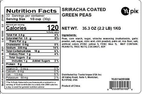 2.2 lb (35.2 oz), Yupik Sriracha Coated Green Peas, Crunchy, Roasted, Spicy Snack, Gluten-Free & Vegan, Whole Dried