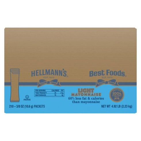HELLMANN'S Packets 100% 0.38 oz, Pack 210 Light Mayonnaise Stick Easy Open, Condiment for Sandwiches, Salads, Mayo Made