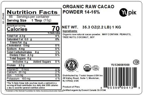 2.2 lb (35.2 oz), Yupik Organic Raw Cocoa Powder, Gluten-Free, GMO-Free, Kosher, Vegan, Dairy-Free, No Added Sugar