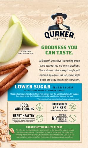8 Count Quaker Instant Oatmeal Apple Cinnamon, Lower Sugar