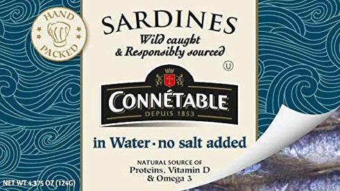 4.375 Pack 12 Sardines | Connetable | Sardines in Water | No salt added | Ounce |