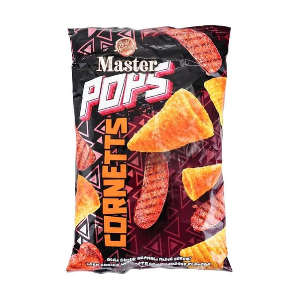 Gold Harvest Master Pops Hot & Spicy Sausage Flavored Corn Chips, 3.88 oz, Triangular,