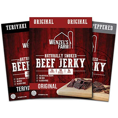 Pack Pack 3, 3 Oz Wenzel's Farm Beef Jerky Variety - Includes Original, Teriyaki, and Peppered Beef Jerky - Naturally