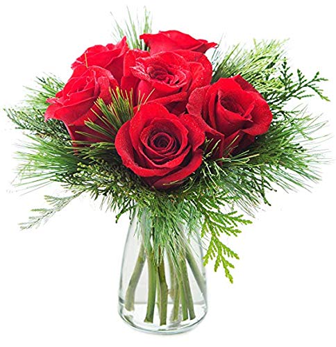 KaBloom - Holiday Collection Merry Red Roses and Seasonal Greens with Vase-