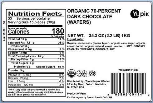 70% 2.2 lb (35.2 oz), Yupik Organic Dark Chocolate Wafers, Cacao, Vegan, Gluten-Free, GMO-Free, Kosher, Dairy-Free