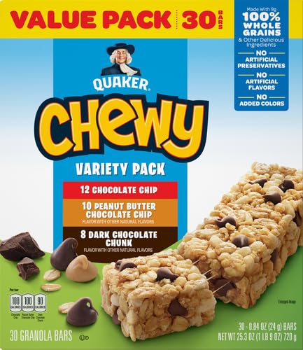 3 Pack, 0.84oz (30 Pack) Quaker Chewy Granola Bars, Flavor Variety Individually Wrapped Bars