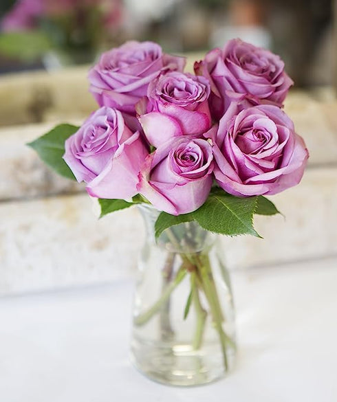 6 KaBloom - Lavender Roses with Greens Bouquet, with Vase - Fresh Flowers for Birthday, Valentine's & Mother's Day