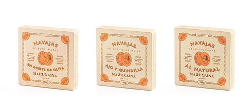 Maruxaina. Razor Clams sampler. Three recipes. Pack of 3 tins. 110g (3.88oz)