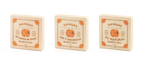 Maruxaina. Razor Clams sampler. Three recipes. Pack of 3 tins. 110g (3.88oz)