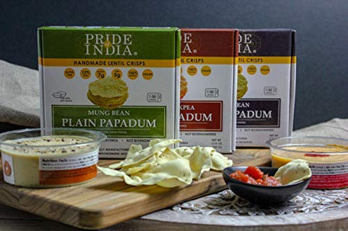 Pack 6-10 count (3.53oz 100gm) Pride Of India - Spicy Chickpea Masala Papadum Lentil Crisp, of Box - - Instant Popping