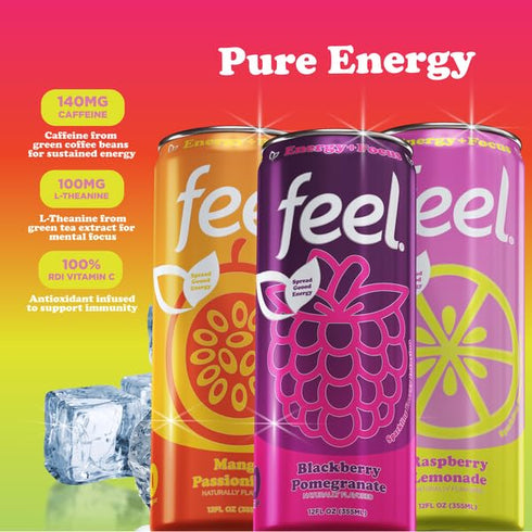 Pack 140mg 12 Oz (12-Pack) FEEL Variety Zero Sugar Natural Energy Drink Mixed Fruit Flavors, Plant-Based Caffeine +