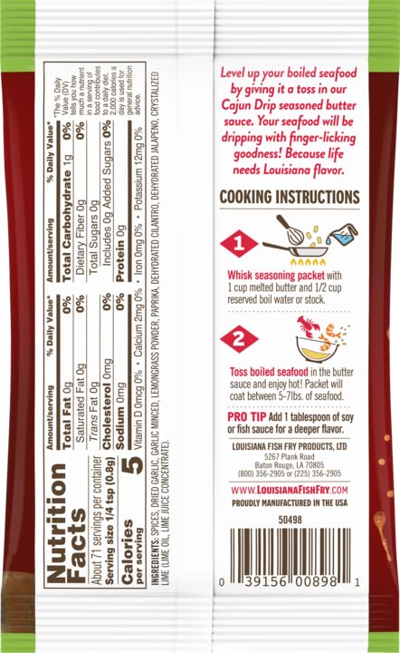 2oz Pack Louisiana Fish Fry Cajun Drip Bag - Seafood Seasoned Butter Sauce - Elevate your boiled seafood game