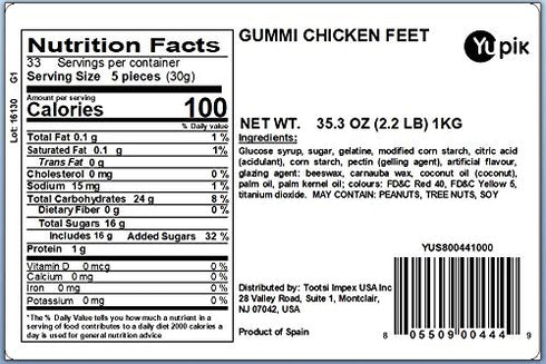 Gummy 2.2 lb (35.2 oz), Gummies, Yupik Chicken Feet, Gluten-Free, Fruity Flavor, Chewy & Colorful, Chicken Feet-Shaped