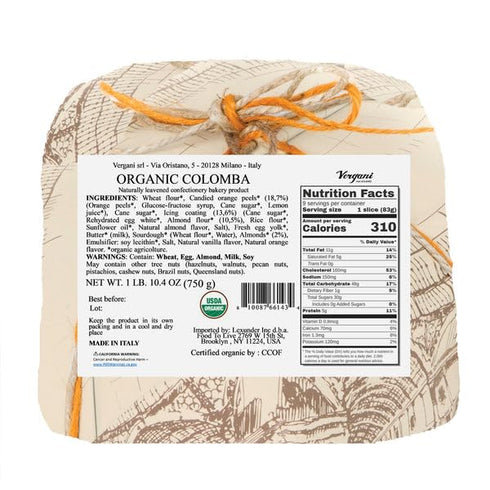 Vergani 1.65 Pack 1 Organic Colomba, Pounds Traditional Italian Holiday Bread Cake with Candied Orange Peel Filling.