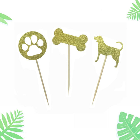 Morndew 24 PCS Gold Glitter Dog Palm and Bone Cupcake Toppers for Baby Shower, Birthday Party & Wedding Decorations