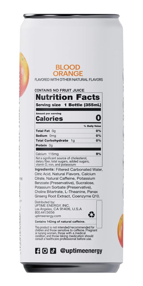 12 Pack, 142mg 0 12 oz UPTIME Energy Drink, Blood Orange Sparkling, Vitamin C, L Theanine, Calcium, Sugar Free Energy