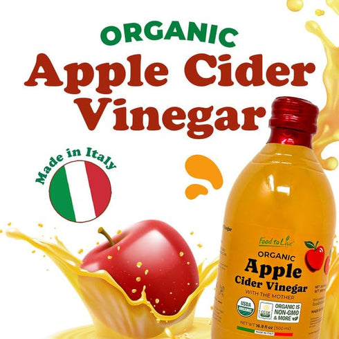 500 ml (Pack 3) Food To Live Organic Apple Cider Vinegar, Raw Italian Natural Vinegar with the Mother, Unfiltered