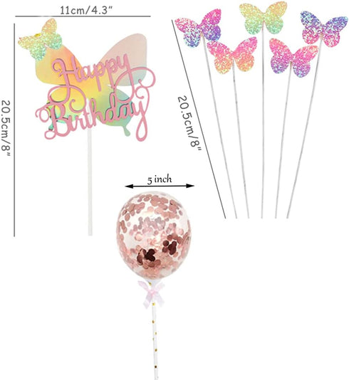 Newmemo 12pcs Gradient Sequins Butterfly Cake Toppers - Rose Gold Confetti Balloon Cake Supplies for Birthday Wedding