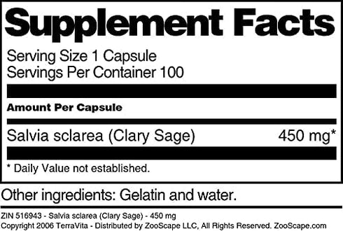 Salvia sclarea (Clary Sage) 450 mg, 100 Capsules, ZIN: 516943