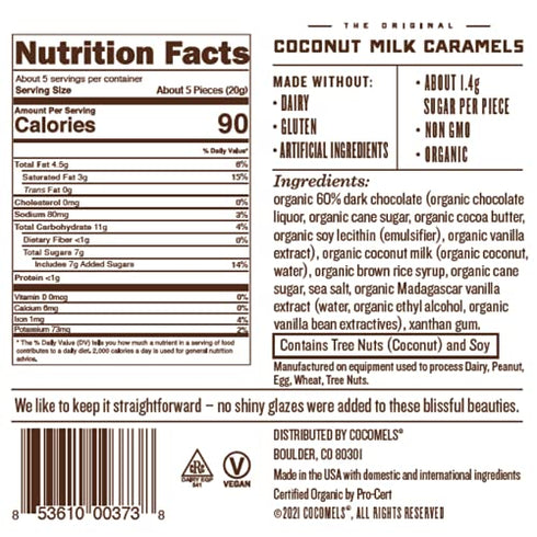 3.5 (Pack 6) Cocomels Chocolate-Covered Sea Salt Coconut Milk Caramel Bites Organic Vegan Candy, Sea Salt, Ounce