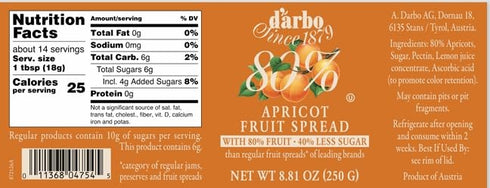 80% 40% 8.81oz Darbo Apricot Spread, Fruit, All Natural, Less Sugar