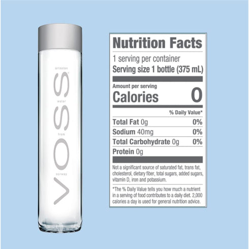 375ml 12.7 oz (Pack 9) Voss Artesian Still water from Norway Naturally pure for a crisp, refreshing taste GLASS bottled