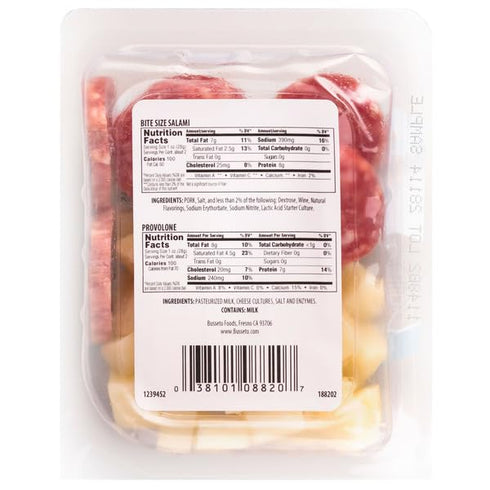 Generic Busseto 8-count 3 oz. packs; California Snackin' Bite Size Salami & Provolone Cheese, ; Certified Glutenree;