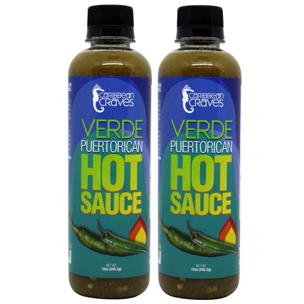 Caribbean Craves Puerto Rican Hot Sauce, 12oz, Bulkier Size, Verde (2pk), Pickled Jalapeño Peppers