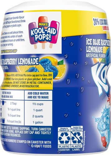 1 Count 20 oz Kool-Aid Caffeine Free Blue Raspberry Lemonade Sweetened Powdered Drink Mix Canister