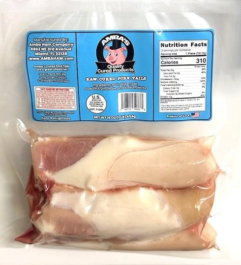 Amba's Quality Cured Products 16oz (1lb) Pack Raw Cured Pork Tails, Net Weight Vacuum Bag, Great For Jamaican Stew Peas