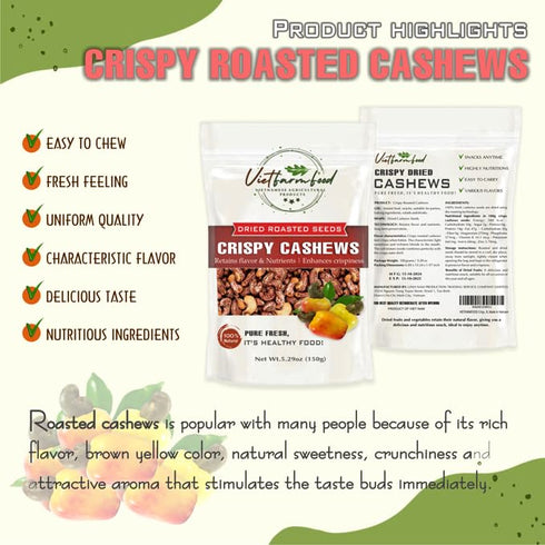 5.29oz (150g) ROASTED CASHEW NUTS VIETFARMFOOD: Naturally dry roasted. No sugar, no oil, natural sweetness