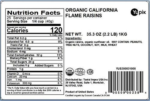 2.2 lb (35.2 oz), Yupik Organic California Flame Raisins, Kosher, Non-GMO, Vegan, Whole Dried Fruits, Naturally Sweet
