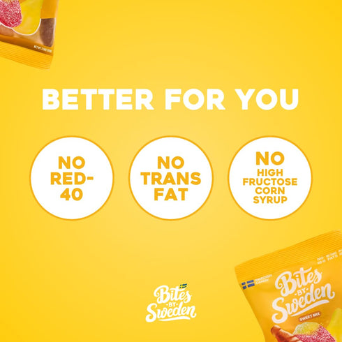 Bites By Sweden Gummy Red-40, 3.5oz, 12 Swedish Candy Mix, Candy, No Trans Fat, No No High Fructose Corn Syrup, Bags