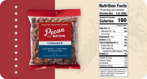 16 oz., Pecan Nation Cinnamon Roasted Georgia Pecan Halves Natural, No preservatives, Antioxidant-Rich, Non-GMO