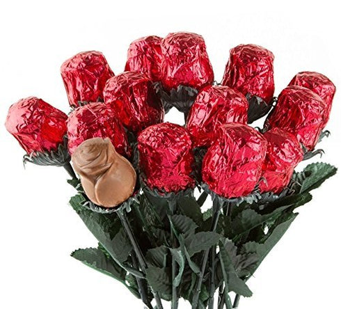 Meet Novelty Dozen Valentine Chocolate Flower Bouquet | One Red Sweetheart Roses | Individually Wrapped in Foils