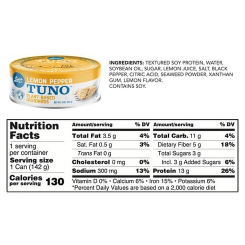 5 oz (6 Pack) Vegan Tuna Plant Based Alternative - Loma Linda Tuno Lemon Pepper Meatless Fish Substitute, High Protein