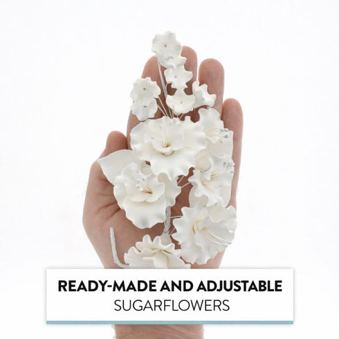 1 Count Sugar Blossom Cake Spray Gumpaste Flowers for Cake Decorating White Cherry Blossoms with Green Leaves by Chef