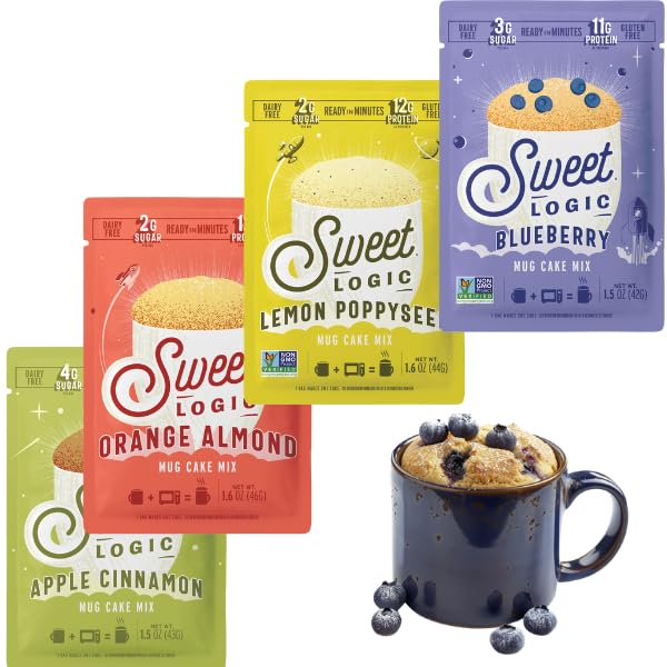 Sweet Logic Keto Dessert Mug Cake Mixes - Breakfast Variety Pack with Blueberry, Apple Cinnamon, Lemon Poppyseed, &