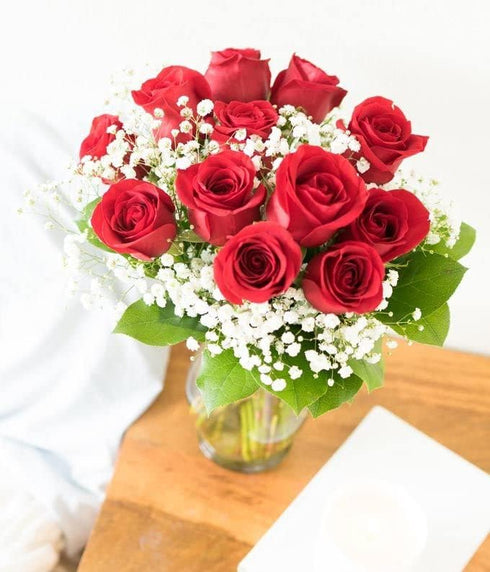 Dozen Stemmed From You Flowers - One Long Red Roses with Glass Vase | Fresh Flower Bouquets for Mother's Day, Birthday