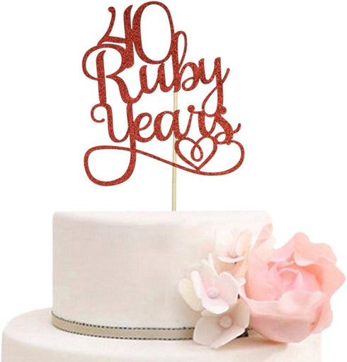 40 Ruby Years Cake Topper for 40th Anniversary Wedding Party Decorations, Red Glitter